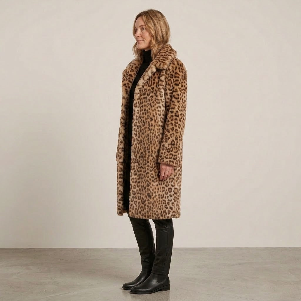 Women's Leopard Print Faux Fur Coat — Longline Lapel Collar Winter Jacket
