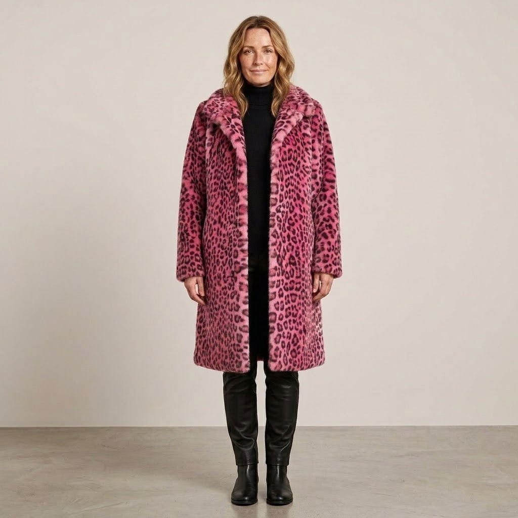 Women's Leopard Print Faux Fur Coat — Longline Lapel Collar Winter Jacket