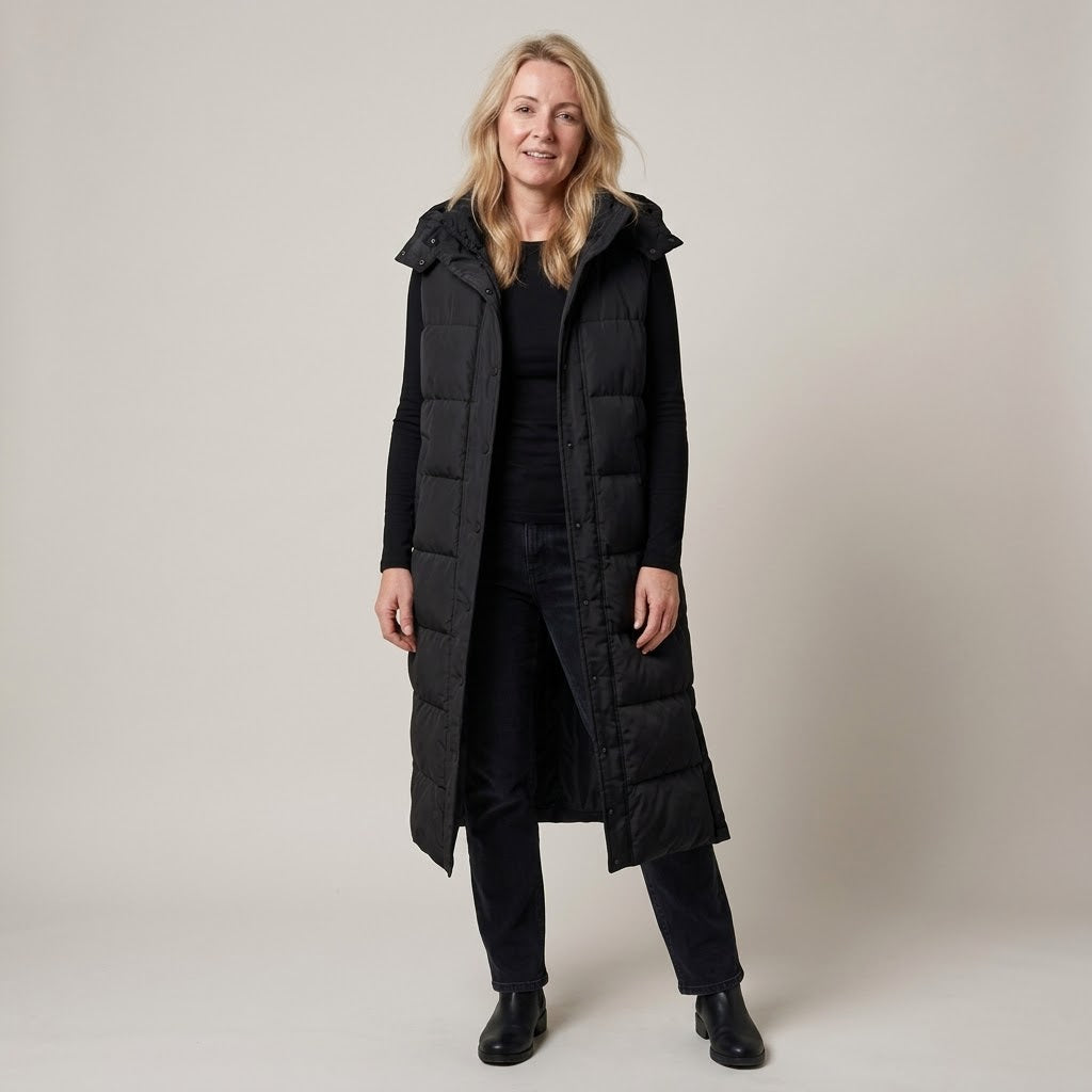 Women's Longline Puffer Gilet — Hooded Sleeveless Quilted Body Warmer