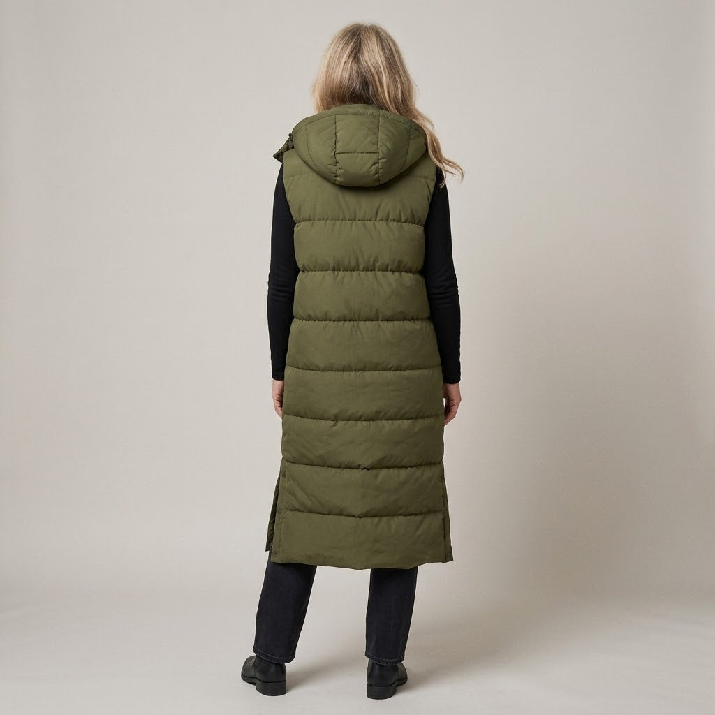 Women's Longline Puffer Gilet — Hooded Sleeveless Quilted Body Warmer
