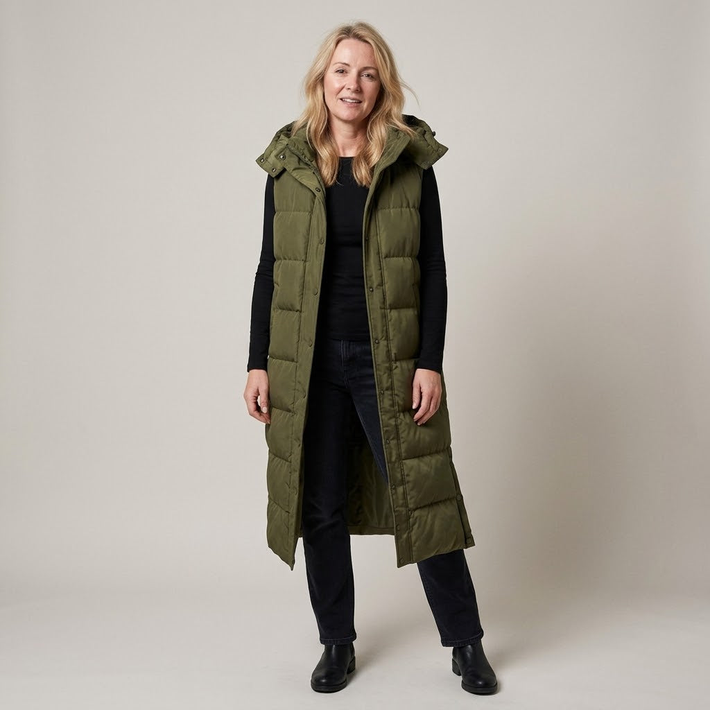 Women's Longline Puffer Gilet — Hooded Sleeveless Quilted Body Warmer