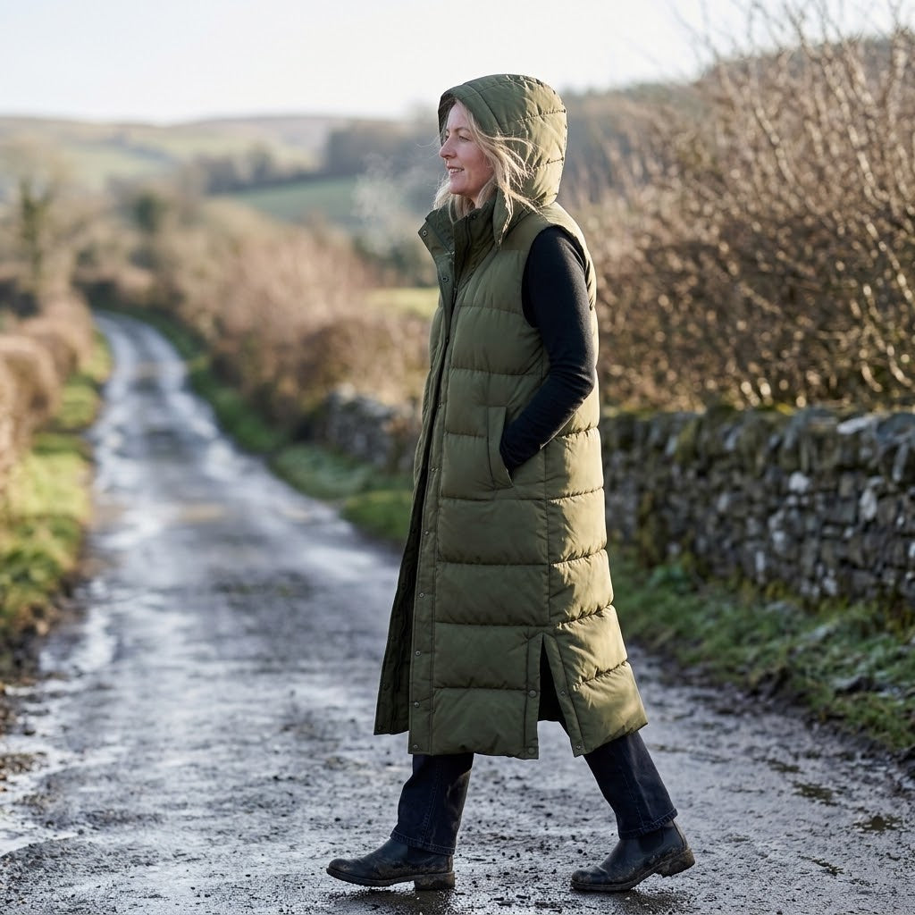 Women's Longline Puffer Gilet — Hooded Sleeveless Quilted Body Warmer