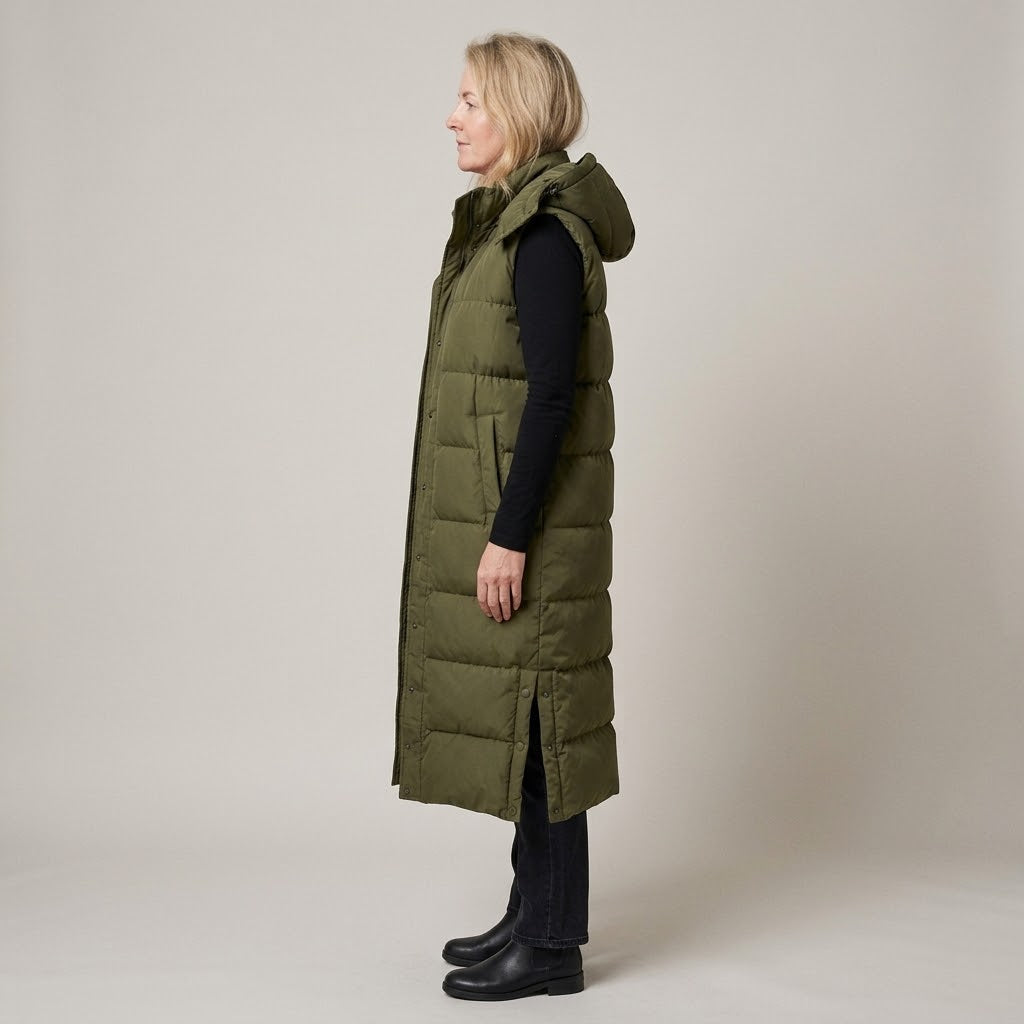 Women's Longline Puffer Gilet — Hooded Sleeveless Quilted Body Warmer