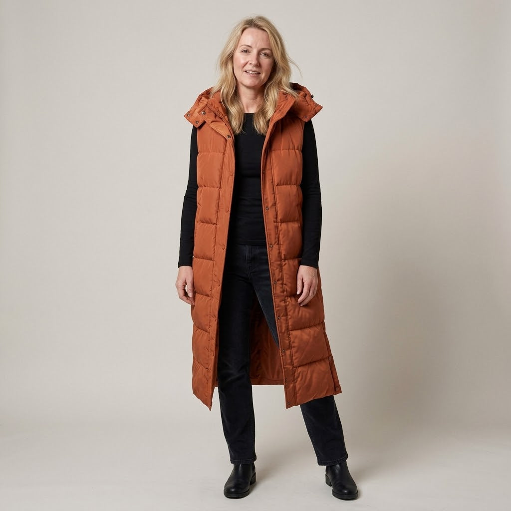 Women's Longline Puffer Gilet — Hooded Sleeveless Quilted Body Warmer