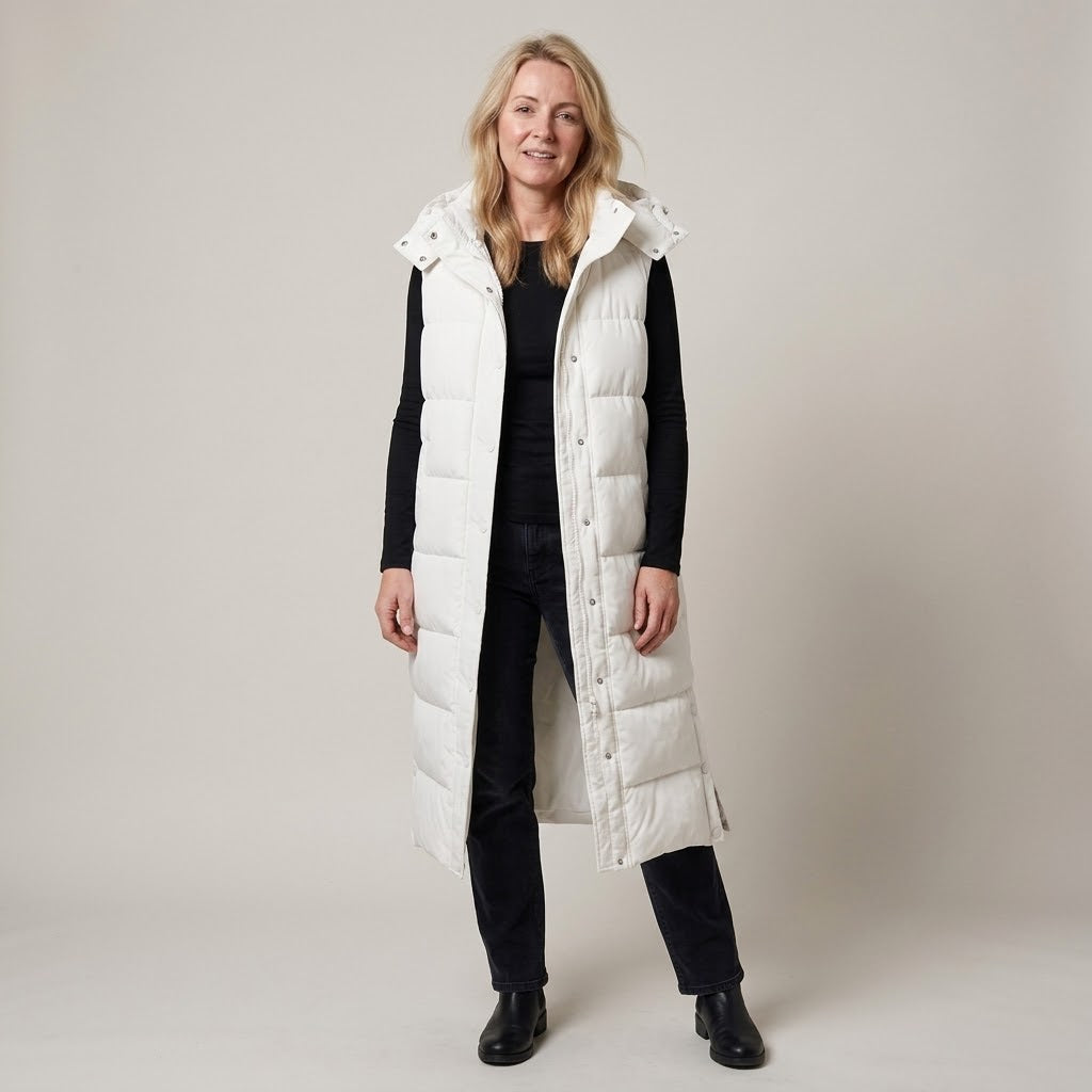 Women's Longline Puffer Gilet — Hooded Sleeveless Quilted Body Warmer