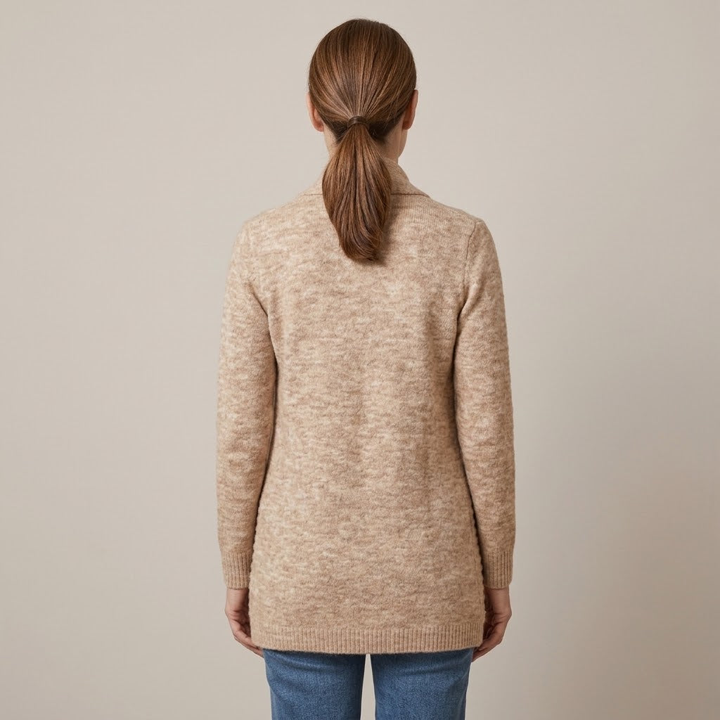 Women's Beige Longline Cardigan — Open Front Shawl Collar Long Sleeve Knit