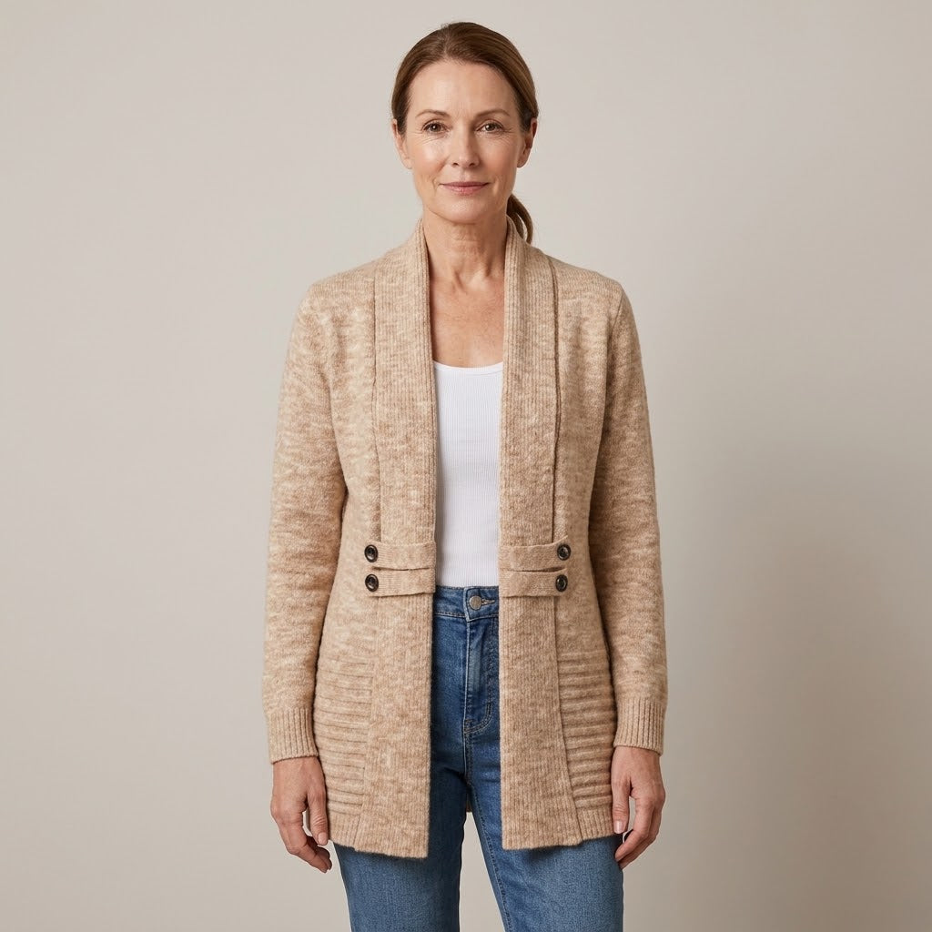 Women's Beige Longline Cardigan — Open Front Shawl Collar Long Sleeve Knit