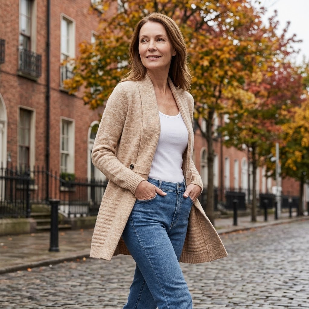Women's Beige Longline Cardigan — Open Front Shawl Collar Long Sleeve Knit