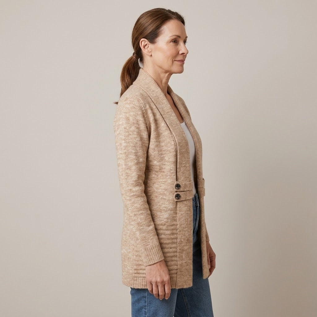 Women's Beige Longline Cardigan — Open Front Shawl Collar Long Sleeve Knit