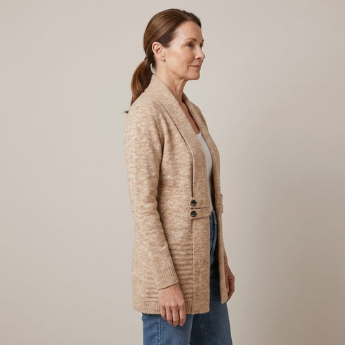 Women's Beige Longline Cardigan — Open Front Shawl Collar Long Sleeve Knit