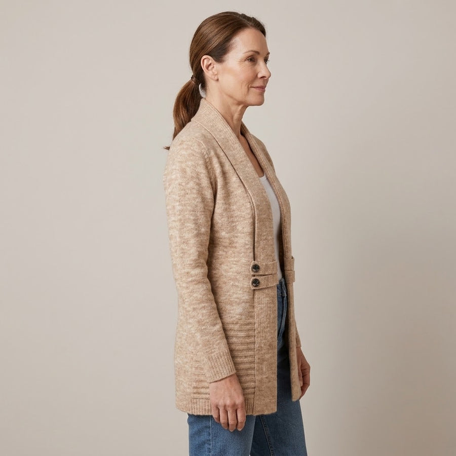 Women's Beige Longline Cardigan — Open Front Shawl Collar Long Sleeve Knit