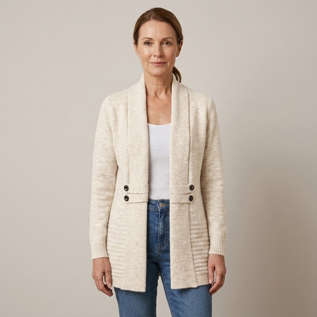 Women's Beige Longline Cardigan — Open Front Shawl Collar Long Sleeve Knit