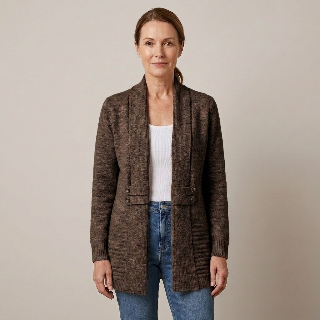 Women's Beige Longline Cardigan — Open Front Shawl Collar Long Sleeve Knit