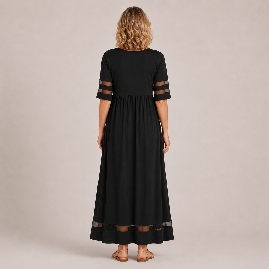 Clara Mesh Trim Maxi Dress — Women's Round Neck Empire Waist Pocket Dress