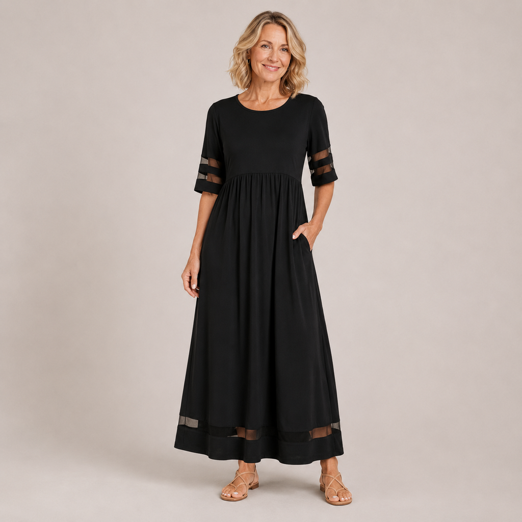 Clara Mesh Trim Maxi Dress — Women's Round Neck Empire Waist Pocket Dress
