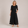 Clara Mesh Trim Maxi Dress — Women's Round Neck Empire Waist Pocket Dress