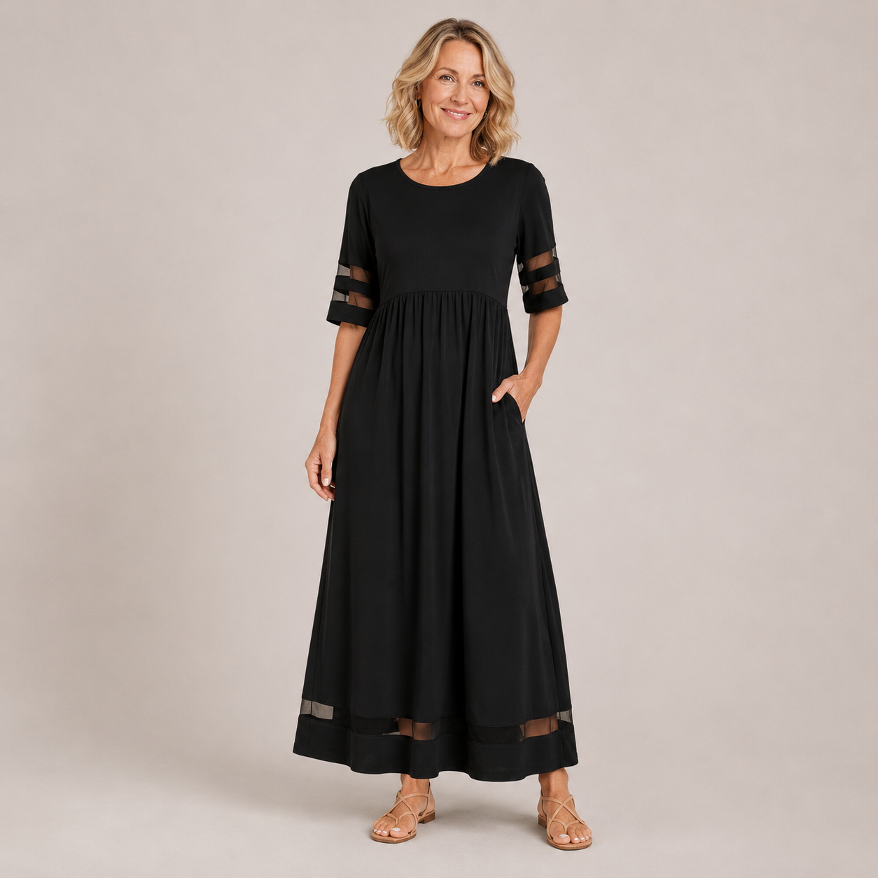 Clara Mesh Trim Maxi Dress — Women's Round Neck Empire Waist Pocket Dress