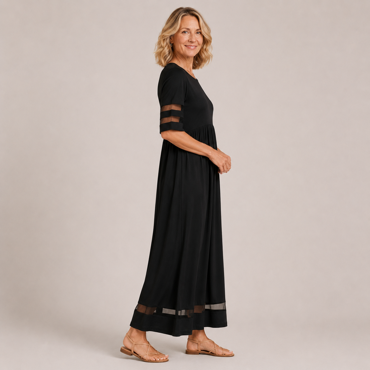 Clara Mesh Trim Maxi Dress — Women's Round Neck Empire Waist Pocket Dress
