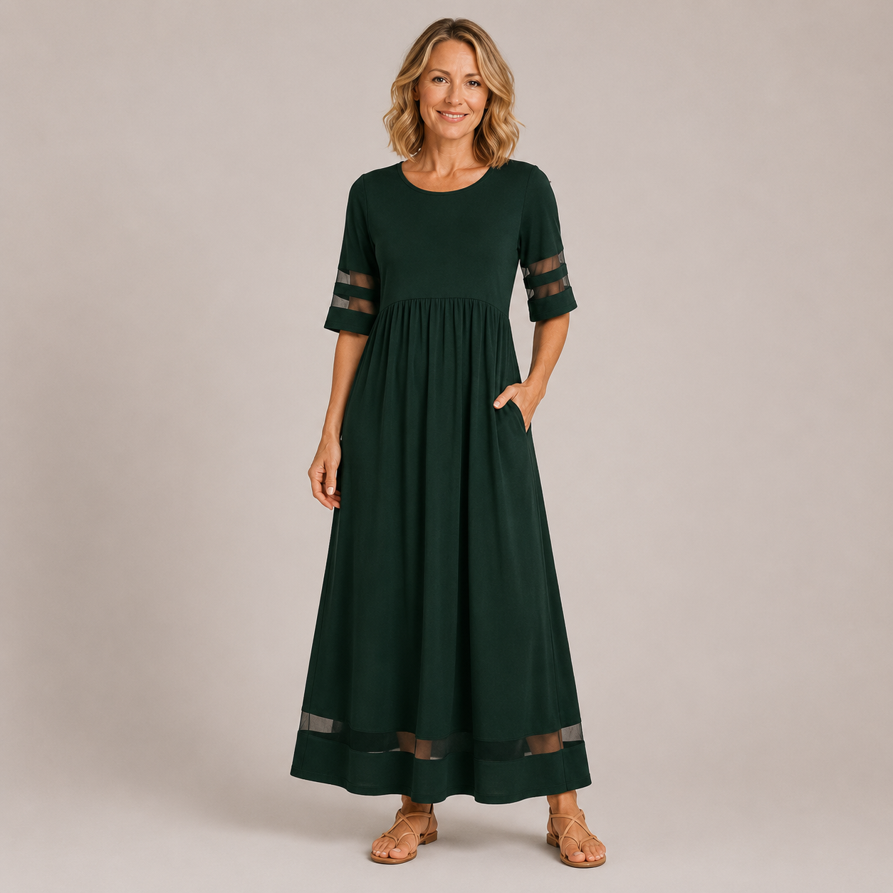 Clara Mesh Trim Maxi Dress — Women's Round Neck Empire Waist Pocket Dress