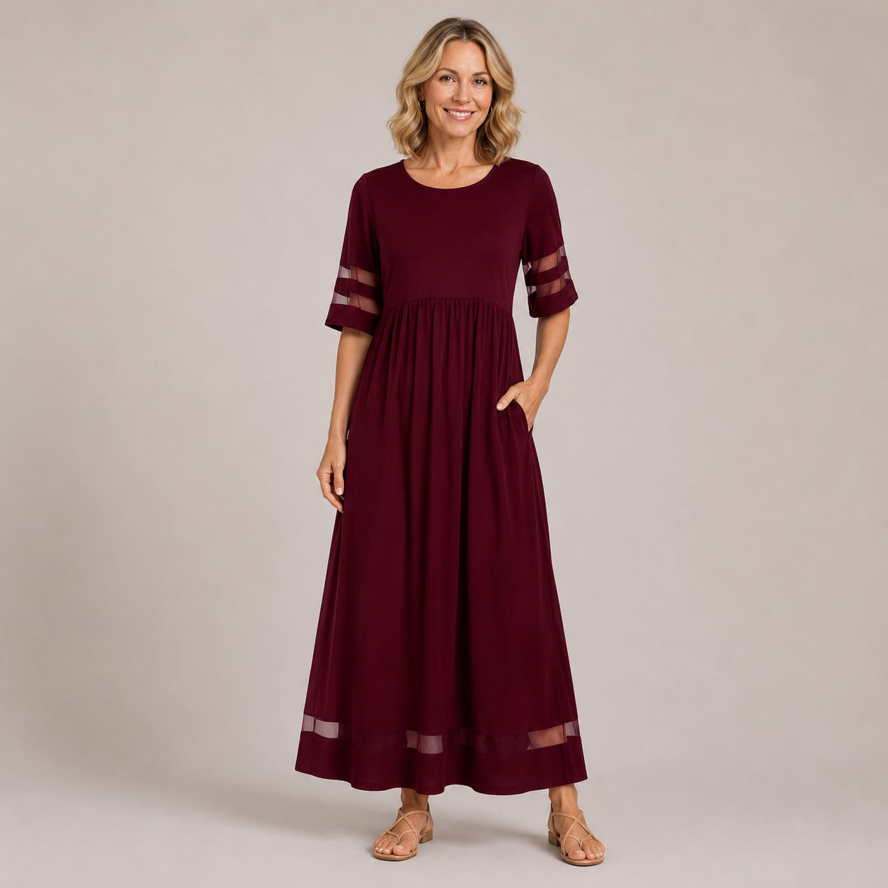 Clara Mesh Trim Maxi Dress — Women's Round Neck Empire Waist Pocket Dress