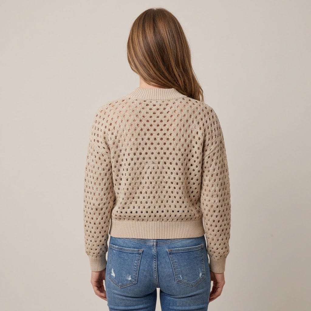 Women's Beige Zip Up Cardigan — Open Knit Crochet Look Long Sleeve Sweater Jacket