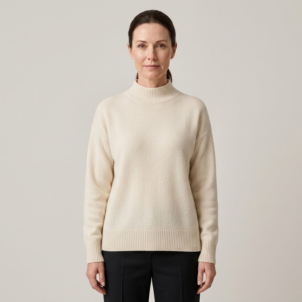 Women's Beige Mock Neck Jumper — Soft Knit High Neck Long Sleeve Sweater