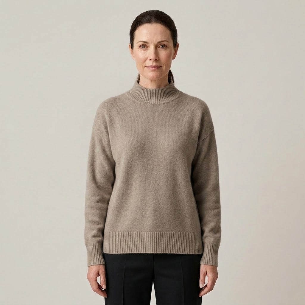 Women's Beige Mock Neck Jumper — Soft Knit High Neck Long Sleeve Sweater