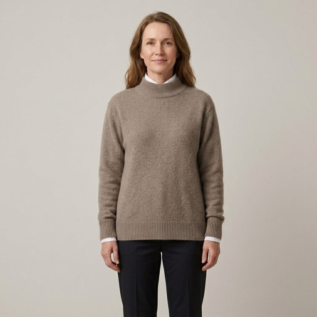 Women's Cream Mock Neck Jumper — High Neck Soft Knit Cashmere Sweater