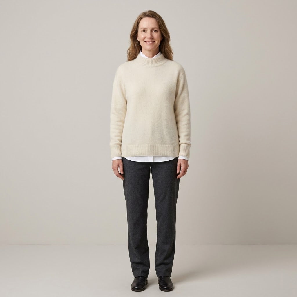 Women's Cream Mock Neck Jumper — High Neck Soft Knit Cashmere Sweater