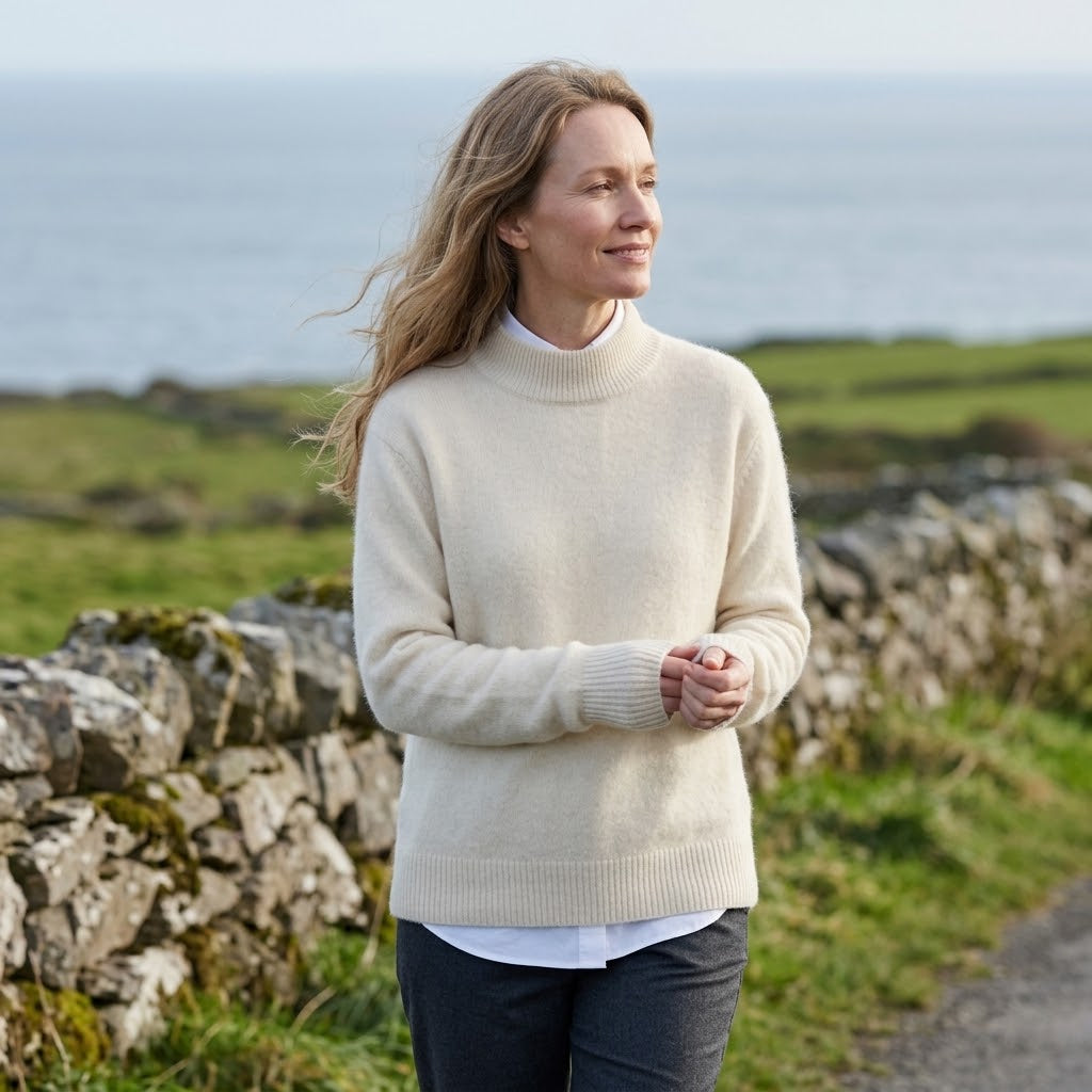 Women's Cream Mock Neck Jumper — High Neck Soft Knit Cashmere Sweater