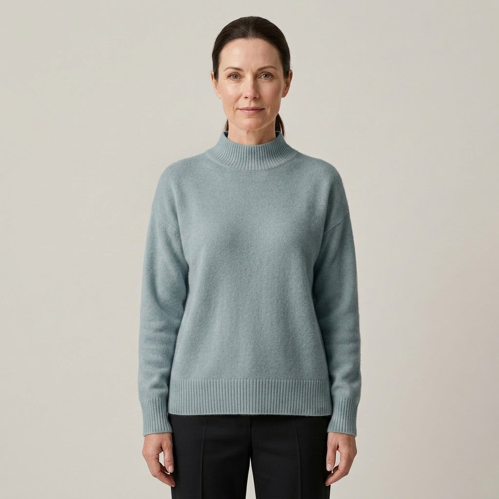 Women's Beige Mock Neck Jumper — Soft Knit High Neck Long Sleeve Sweater