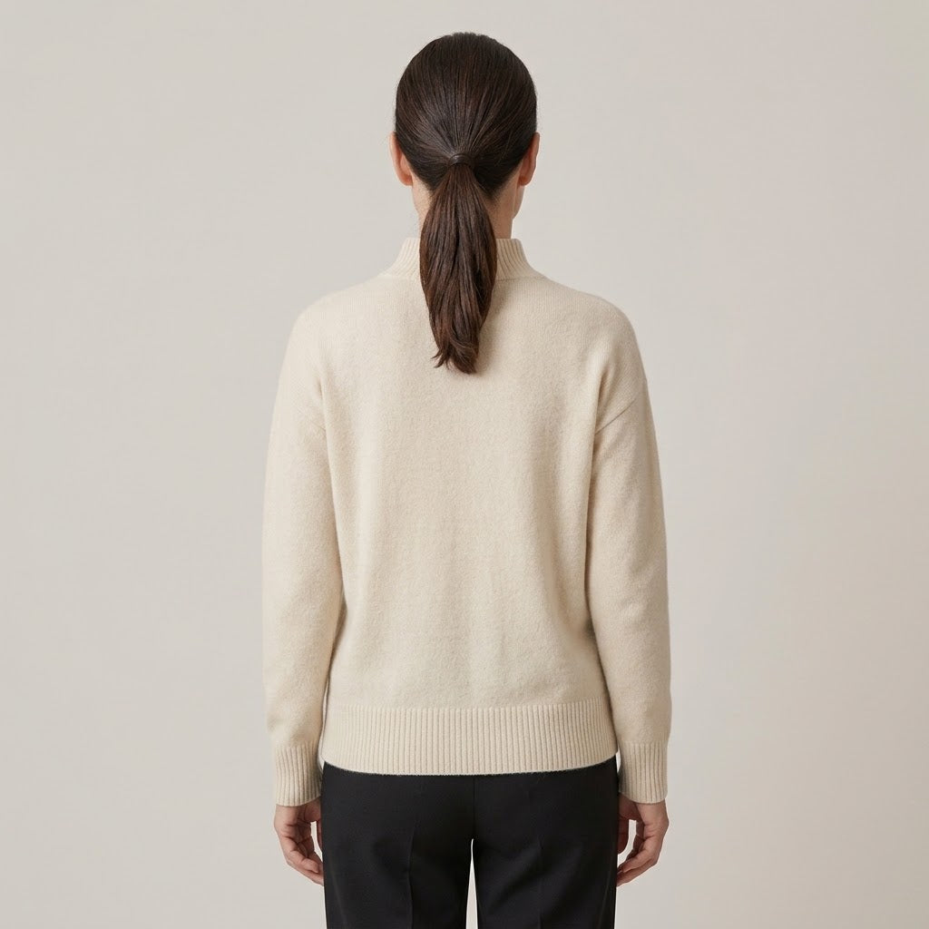 Women's Beige Mock Neck Jumper — Soft Knit High Neck Long Sleeve Sweater