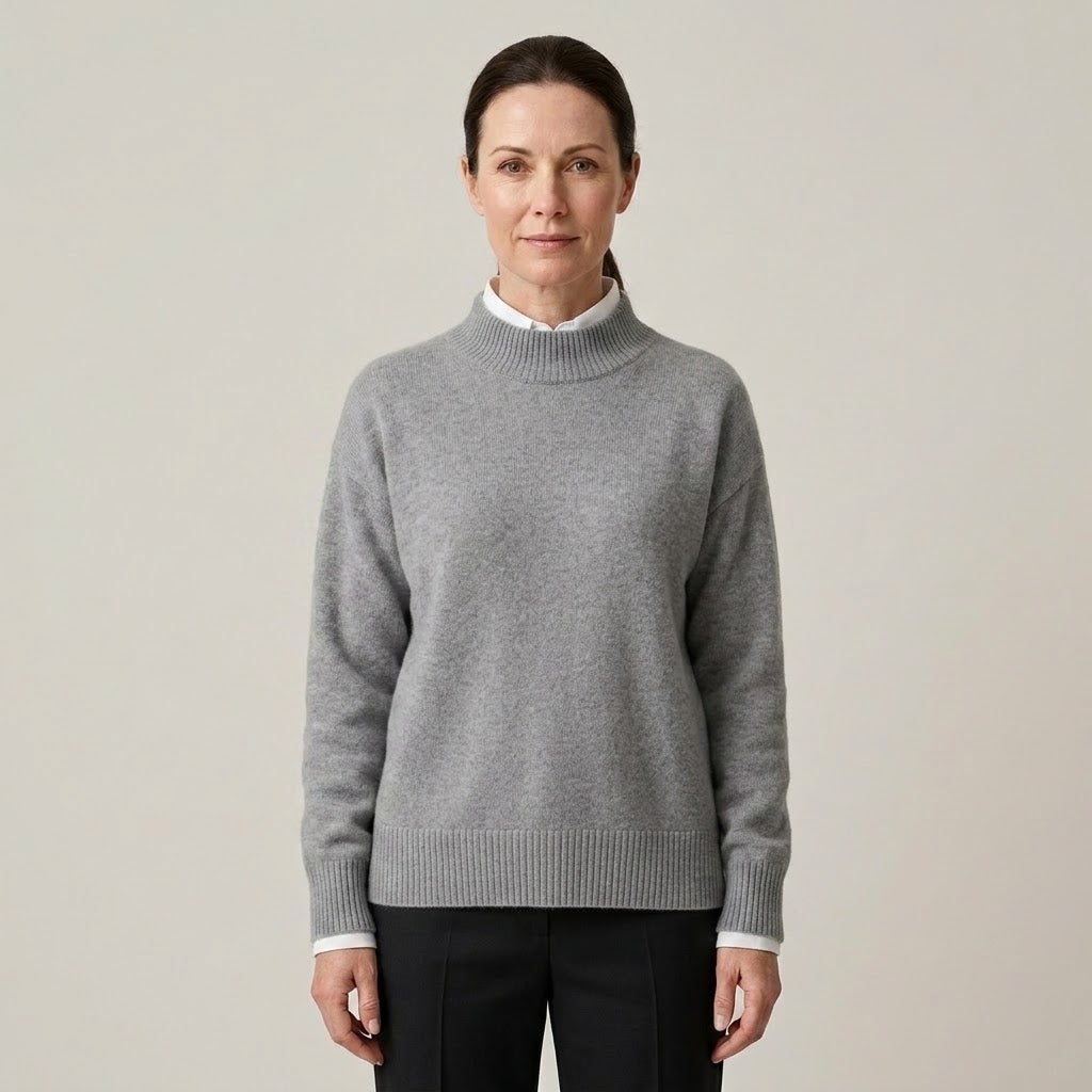 Women's Beige Mock Neck Jumper — Soft Knit High Neck Long Sleeve Sweater