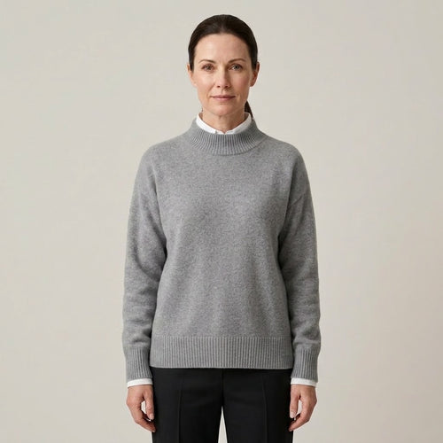 Women's Beige Mock Neck Jumper — Soft Knit High Neck Long Sleeve Sweater