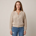 Women's Beige Zip Up Cardigan — Open Knit Crochet Look Long Sleeve Sweater Jacket