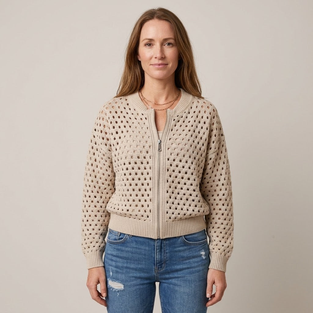 Women's Beige Zip Up Cardigan — Open Knit Crochet Look Long Sleeve Sweater Jacket