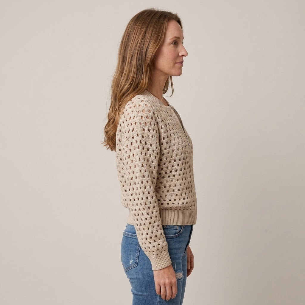Women's Beige Zip Up Cardigan — Open Knit Crochet Look Long Sleeve Sweater Jacket