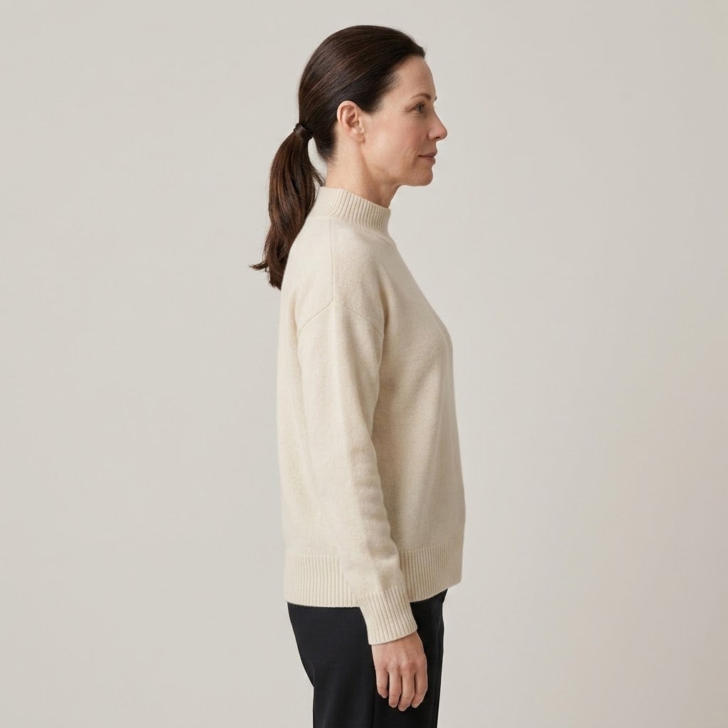 Women's Beige Mock Neck Jumper — Soft Knit High Neck Long Sleeve Sweater