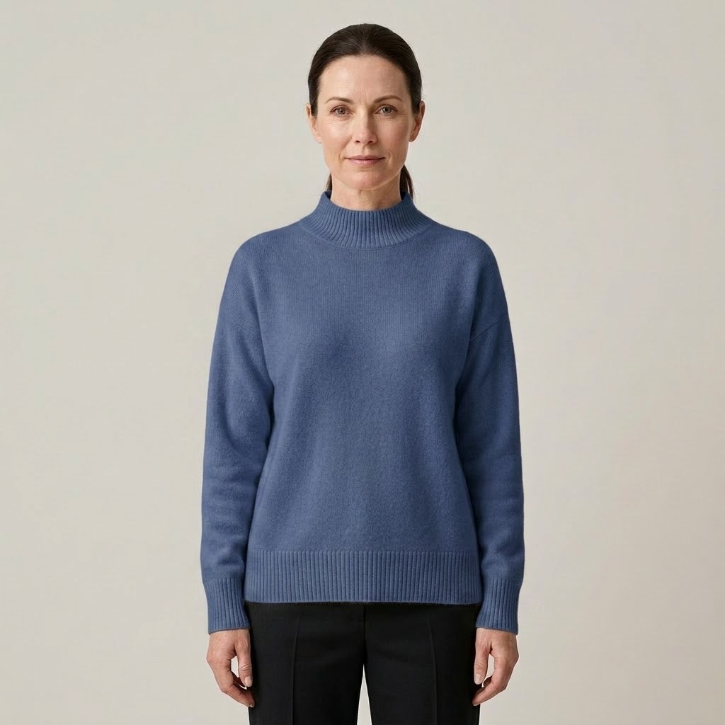 Women's Beige Mock Neck Jumper — Soft Knit High Neck Long Sleeve Sweater