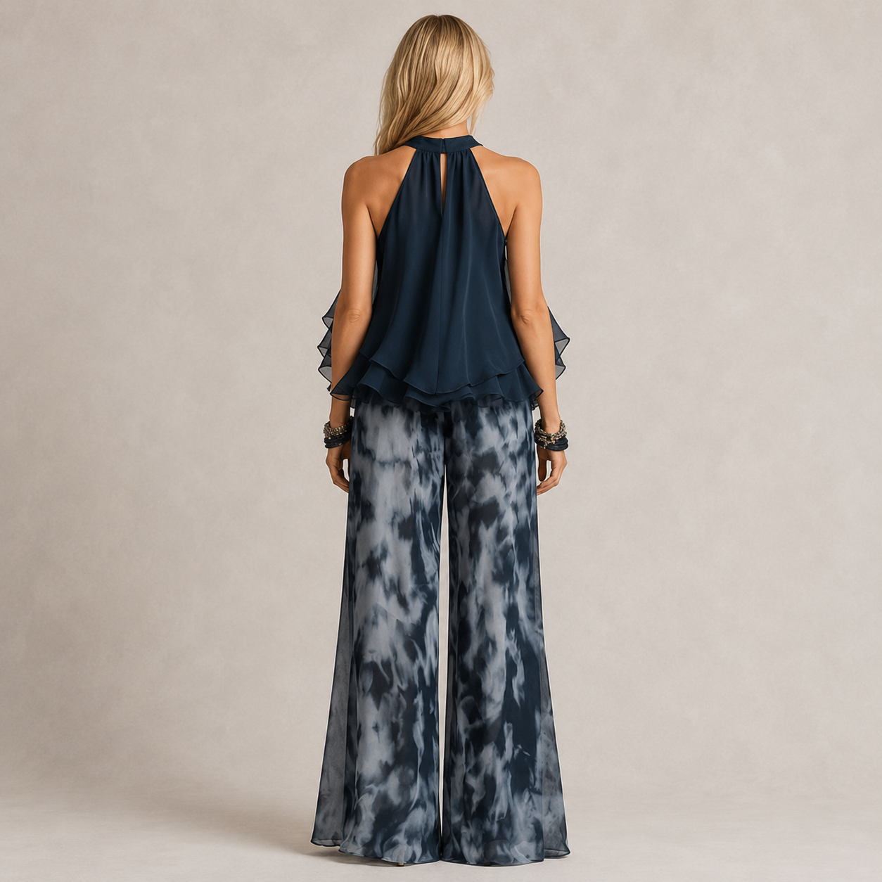 Clara Navy Halter Ruffle Two-Piece Set — Women's Fluid Top & Wide Leg Trouser Co-ord