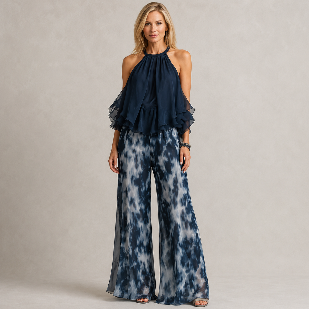 Clara Navy Halter Ruffle Two-Piece Set — Women's Fluid Top & Wide Leg Trouser Co-ord