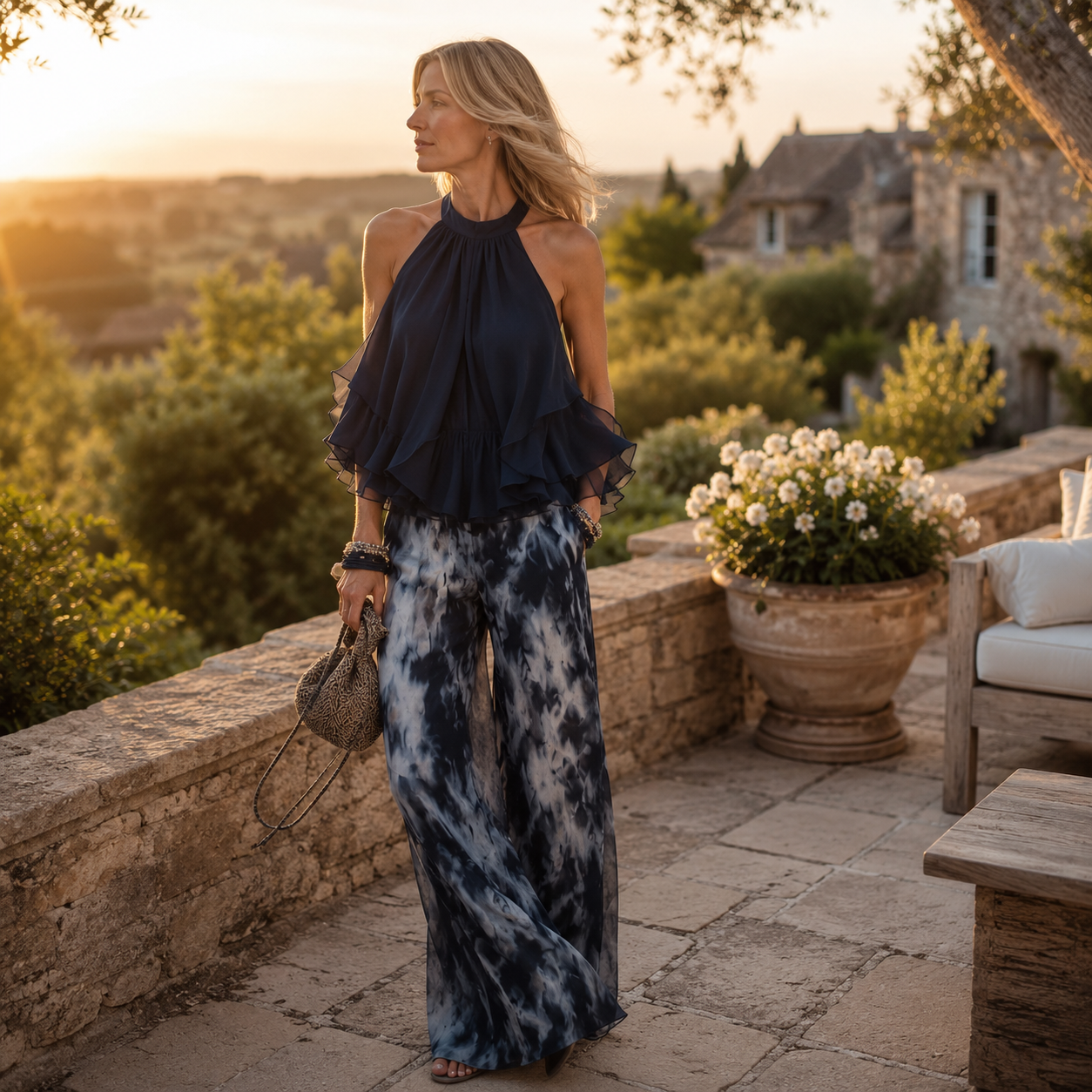 Clara Navy Halter Ruffle Two-Piece Set — Women's Fluid Top & Wide Leg Trouser Co-ord
