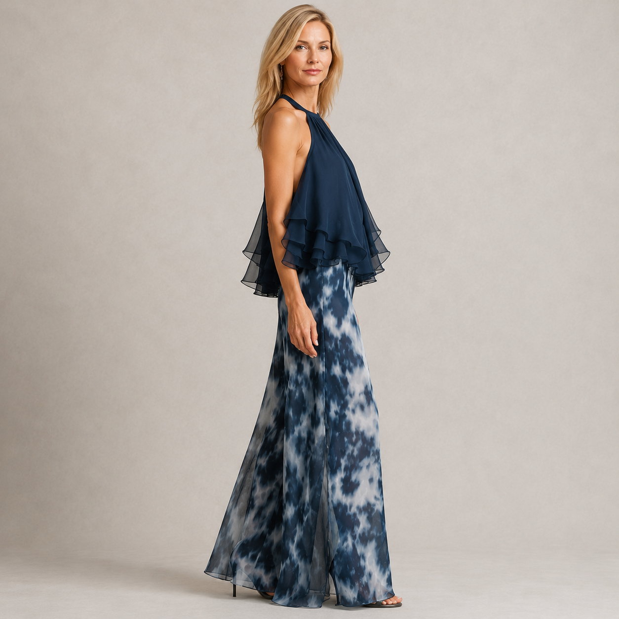 Clara Navy Halter Ruffle Two-Piece Set — Women's Fluid Top & Wide Leg Trouser Co-ord