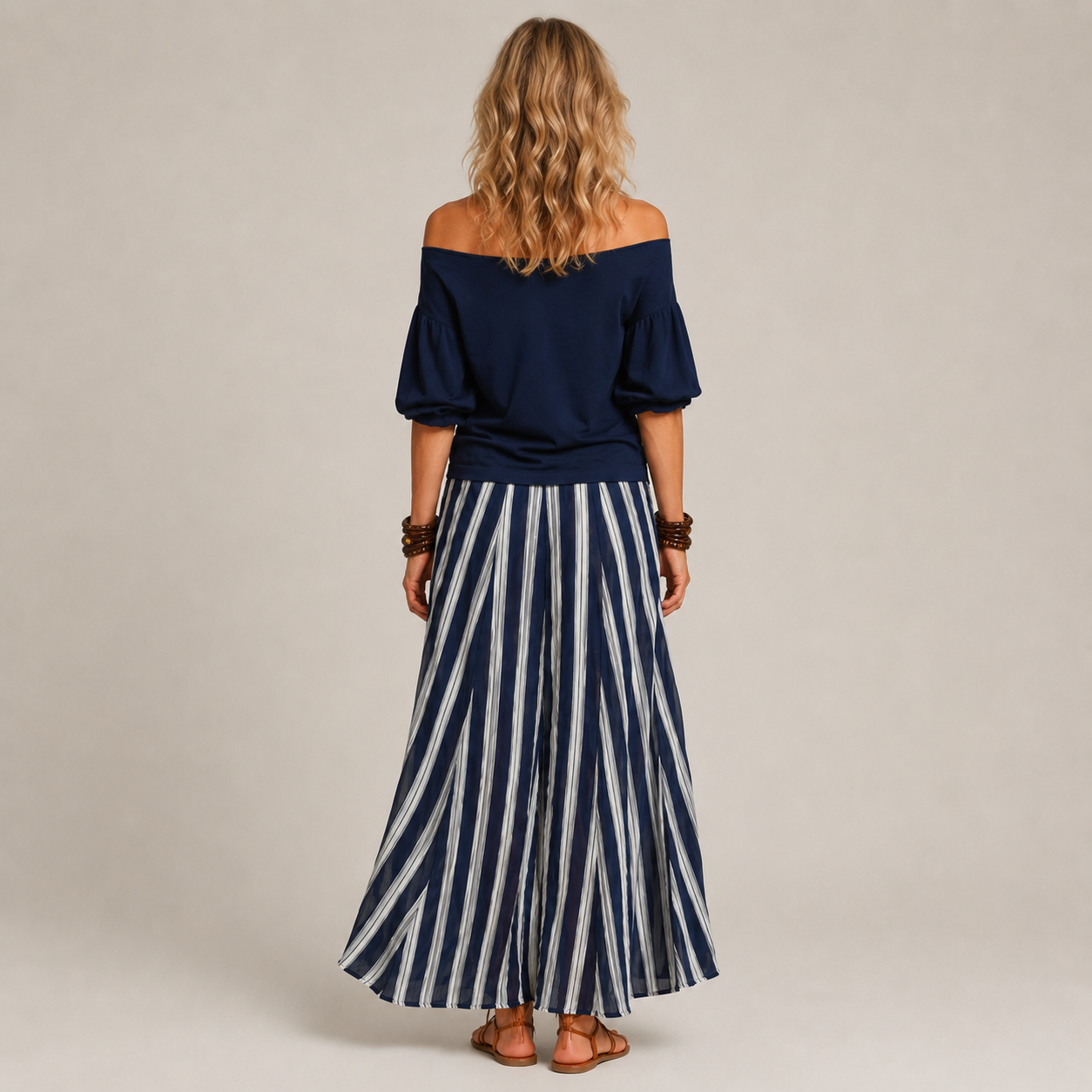 Clara Off Shoulder Striped Set — Women's Puff Sleeve Top Maxi Skirt Set