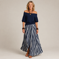 Clara Off Shoulder Striped Set — Women's Puff Sleeve Top Maxi Skirt Set