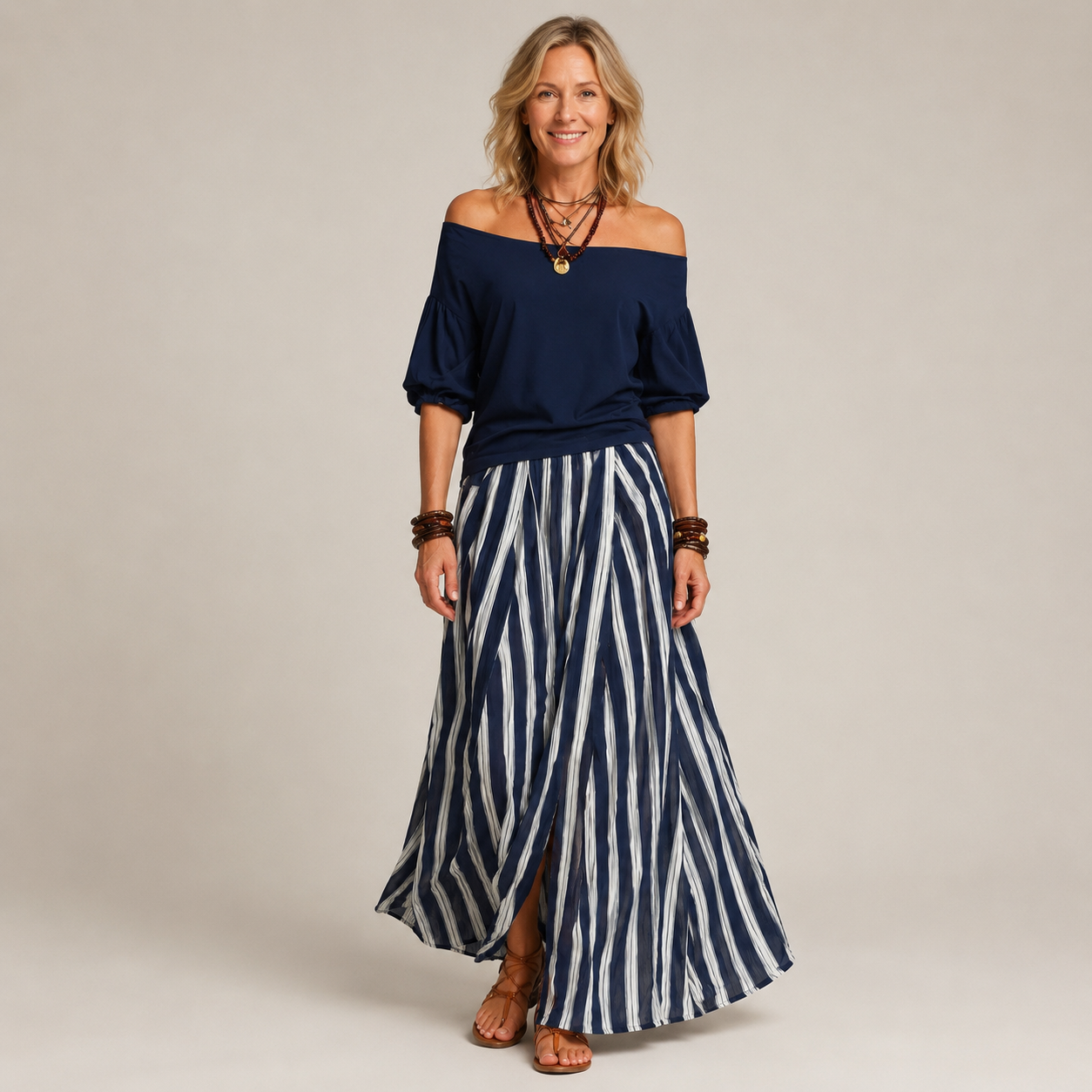 Clara Off Shoulder Striped Set — Women's Puff Sleeve Top Maxi Skirt Set