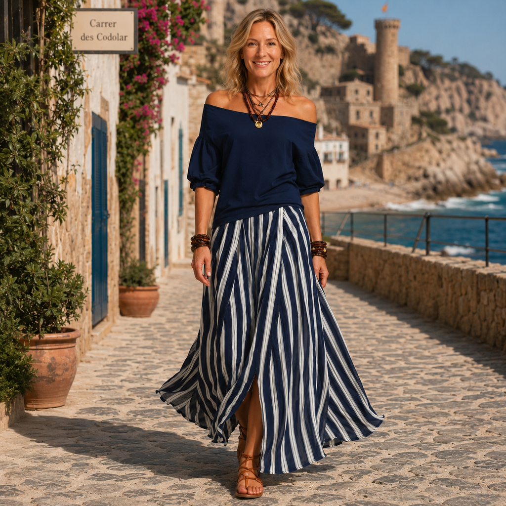 Clara Off Shoulder Striped Set — Women's Puff Sleeve Top Maxi Skirt Set