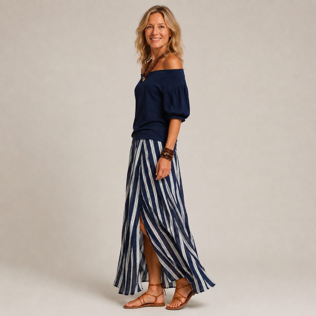 Clara Off Shoulder Striped Set — Women's Puff Sleeve Top Maxi Skirt Set