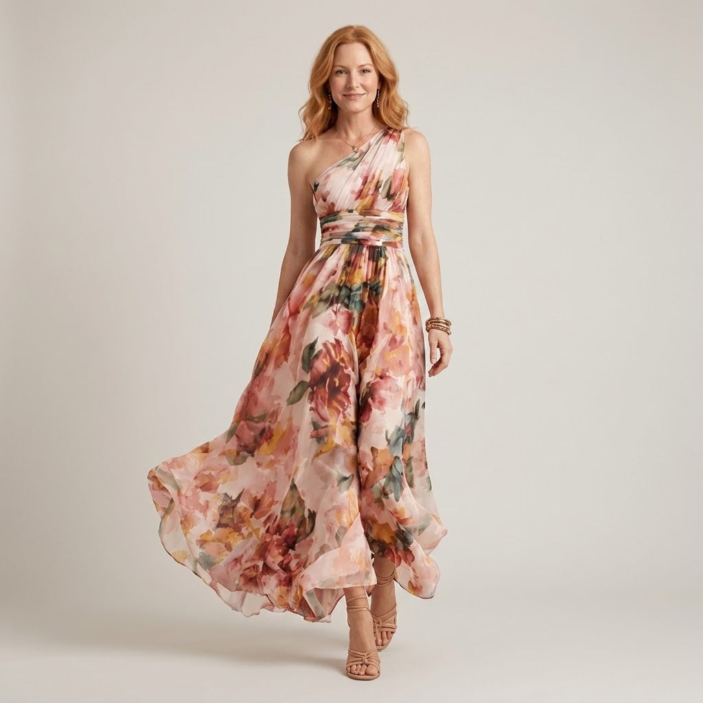 Women's Navy Floral One Shoulder Maxi Dress — Wedding Guest Occasion Dress