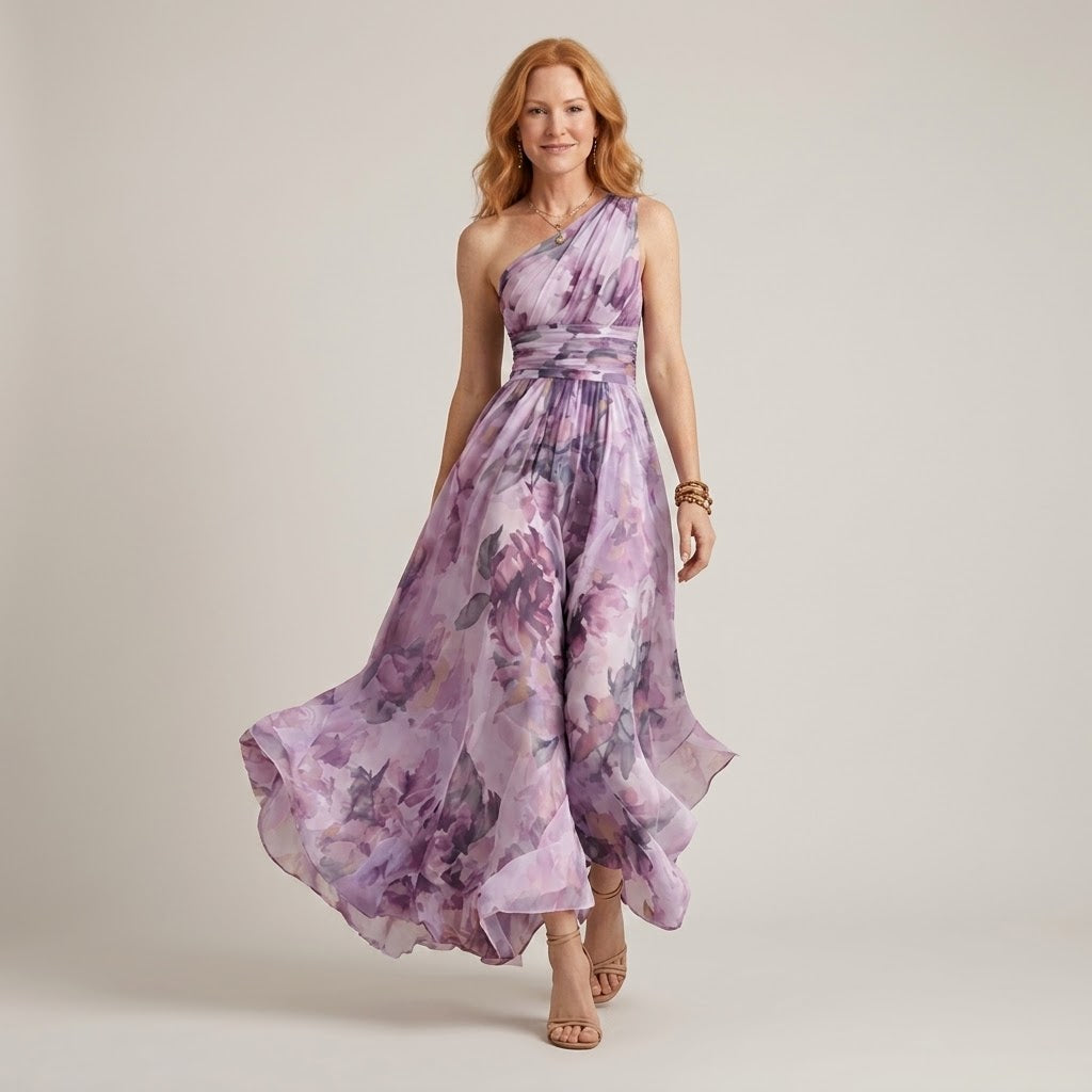 Women's Navy Floral One Shoulder Maxi Dress — Wedding Guest Occasion Dress